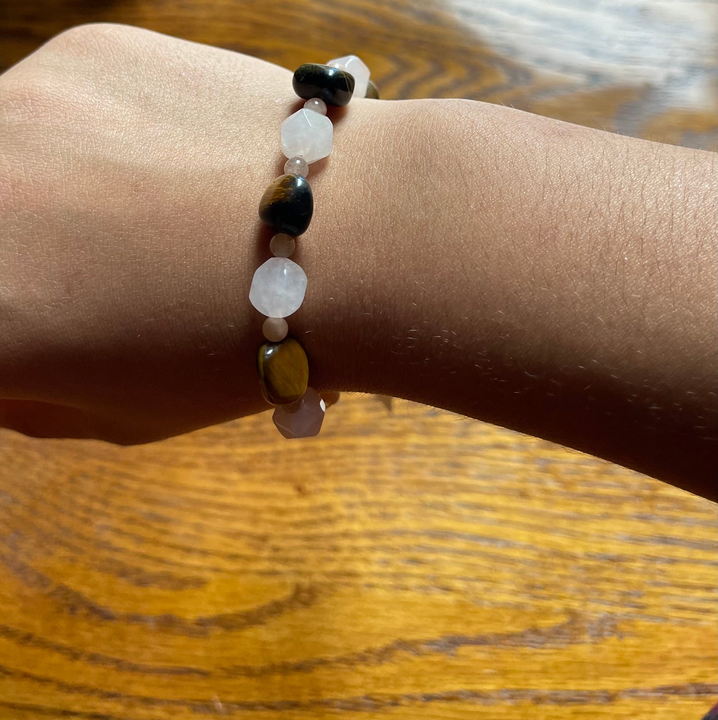 Rose quartz, sunstone, and tiger’s eye bracelet
