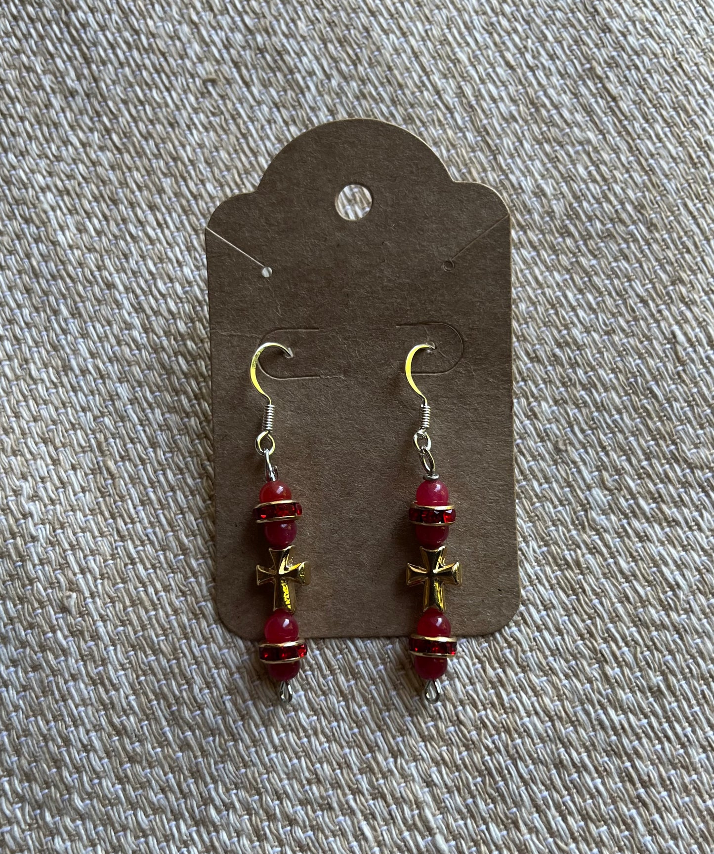 Red stone & gold cross earrings