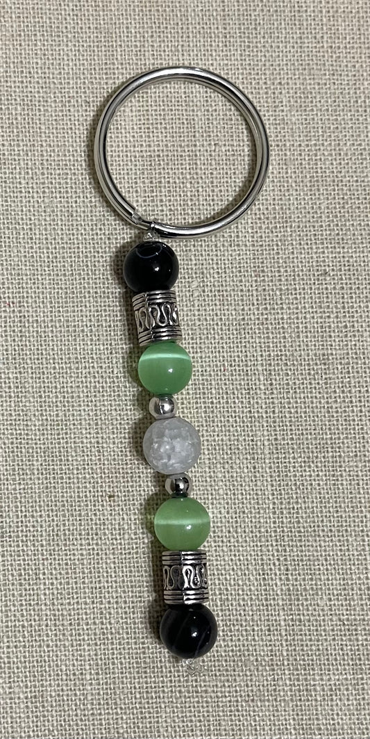 Black agate, cat’s eye, & crackle quartz keychain