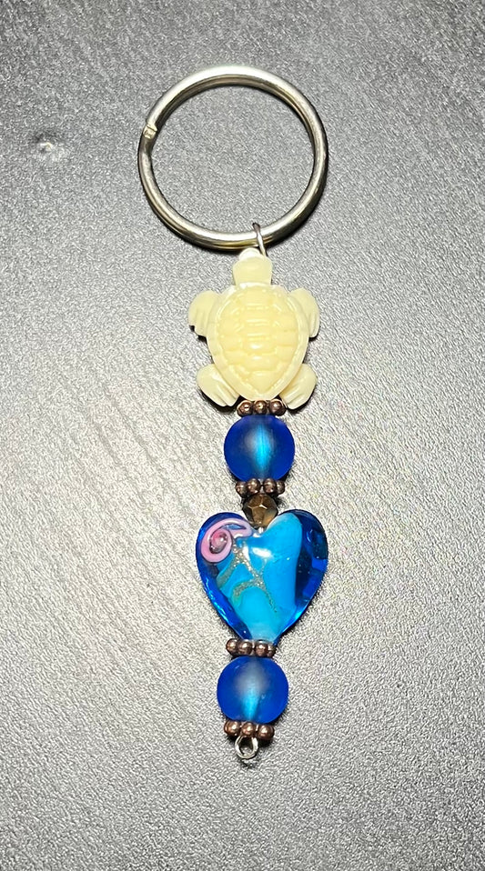 Blue glass keychain with heart & turtle