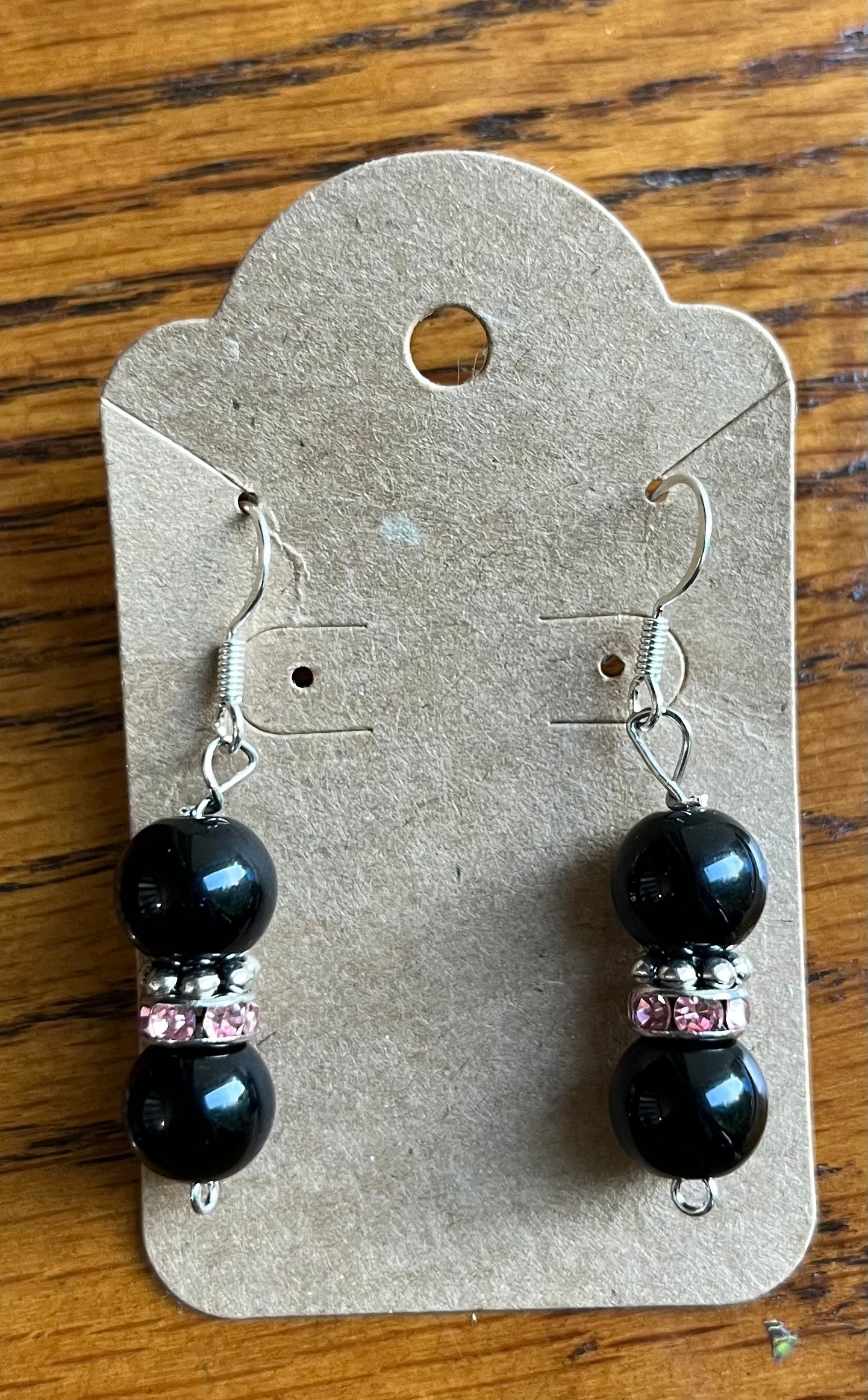 Black glass beads with pink rhinestones earrings