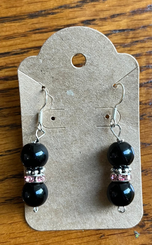 Black glass beads with pink rhinestones earrings