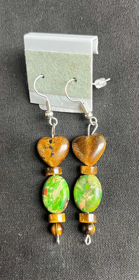 Heart tiger’s eye stone earrings with imperial jasper