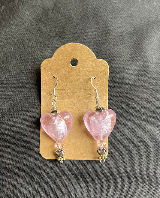 Pink glass heart earrings