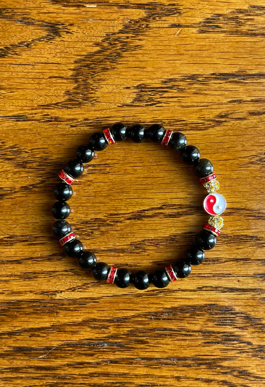 Black obsidian stone bracelet, with red yin & yang symbol