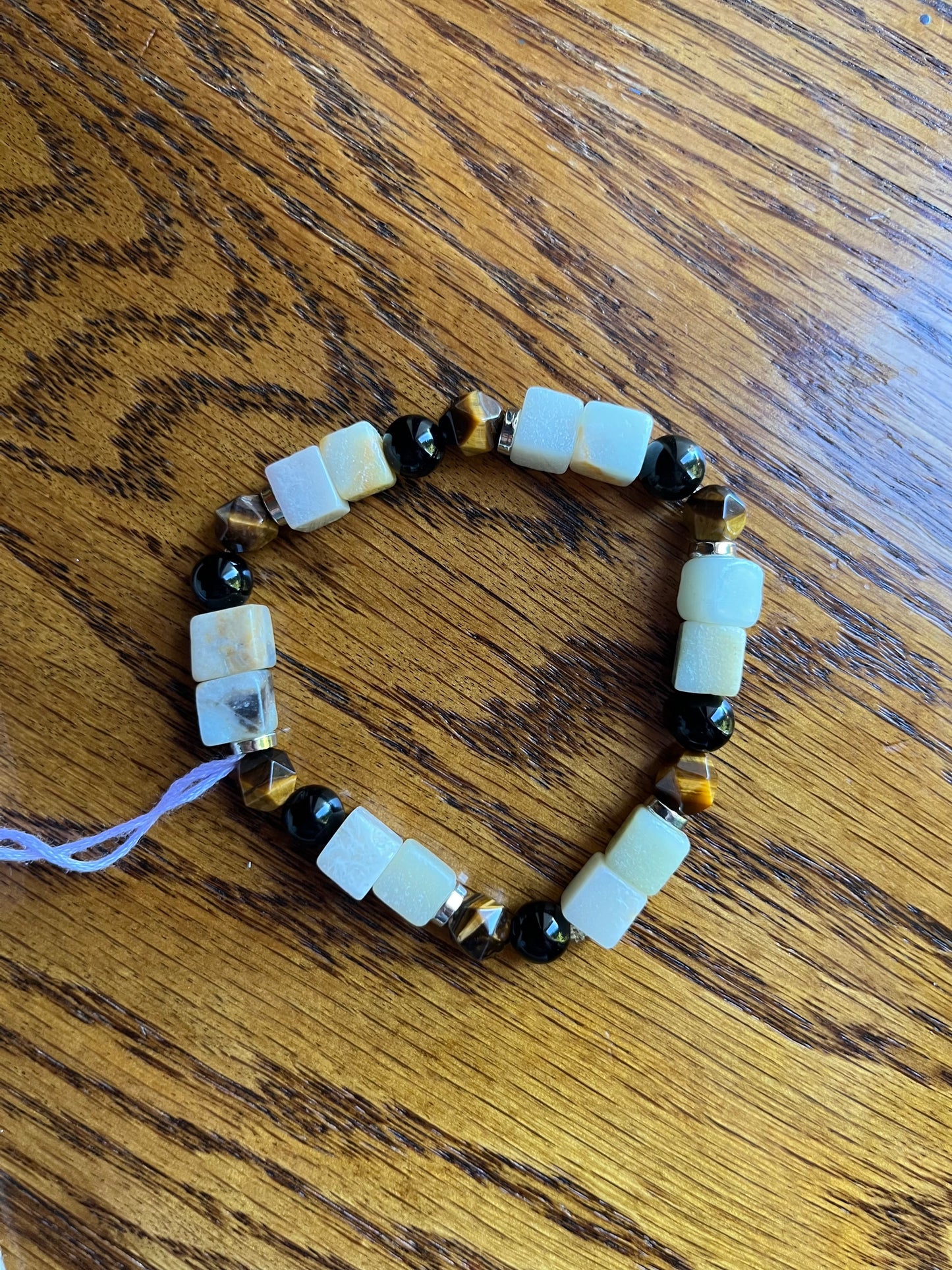 Morganite, tiger’s eye, & black obsidian stone bracelet