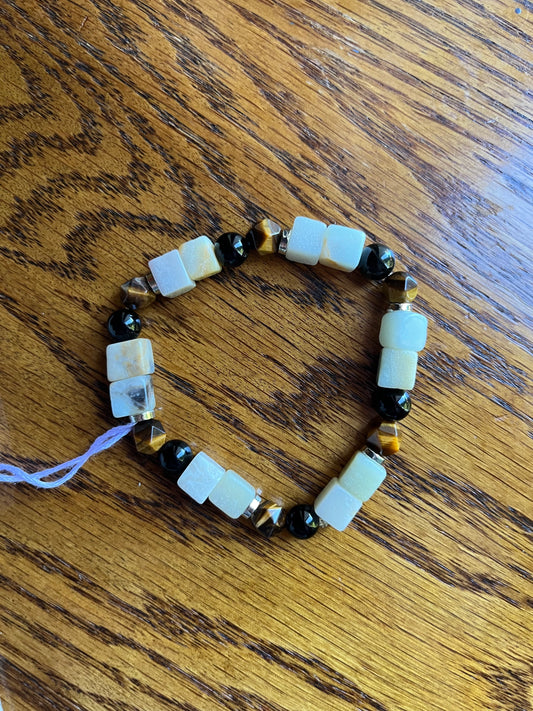 Morganite, tiger’s eye, & black obsidian stone bracelet