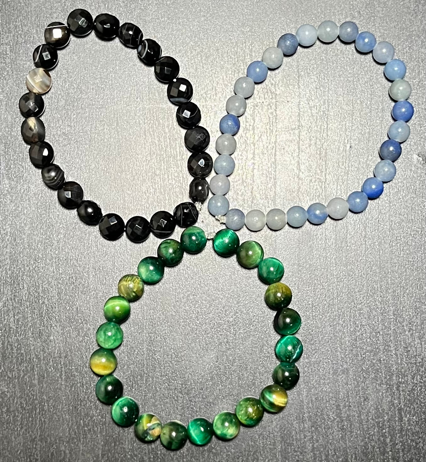 Blue aventurine, green dyed tiger’s eye, agate stone bracelet set