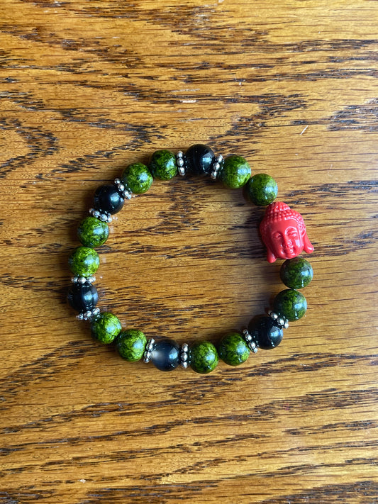 Black Agate & Quartz with red Buddha stone bracelet