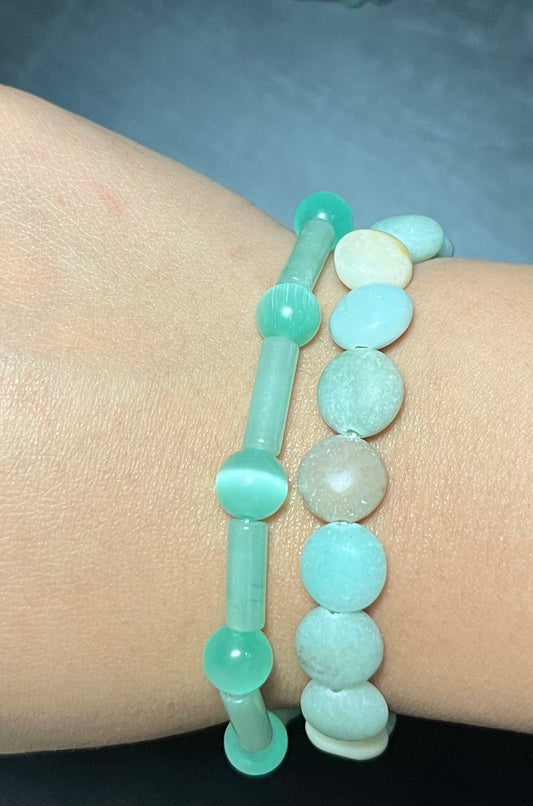 Green aventurine, cat’s eye, & amazonite stone bracelet set