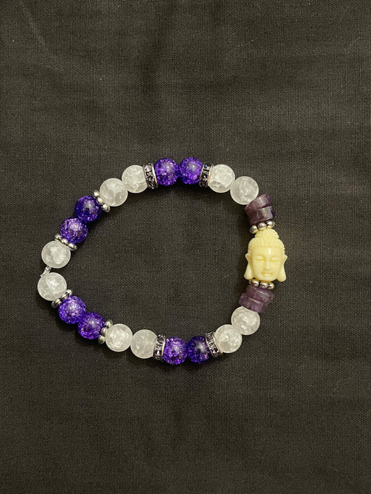 Purple quartz with crackle agate & dyed agate stone bracelet with white buddha stone