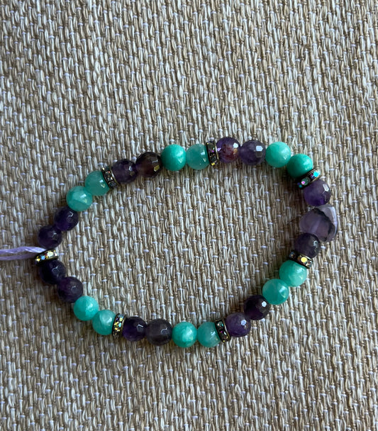 Amethyst & aqua quartz stone bracelet with amethyst heart