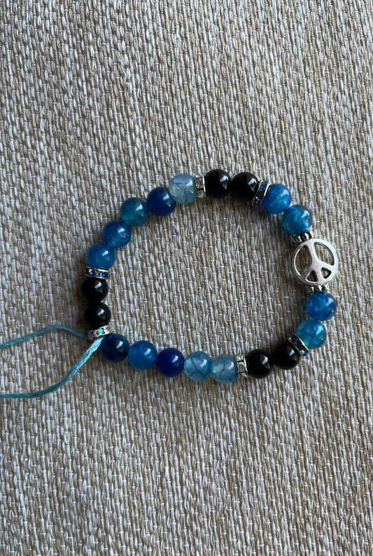 Crackle agate with black obsidian stone & peace charm bracelet
