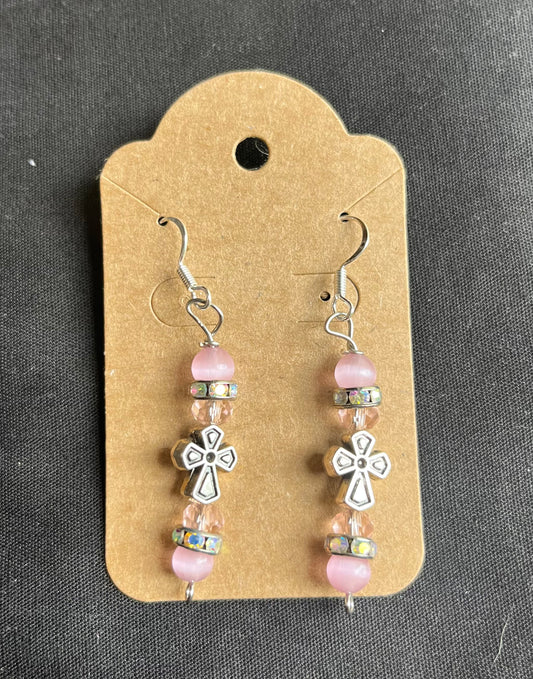 Pink cat’s eye & cross earrings