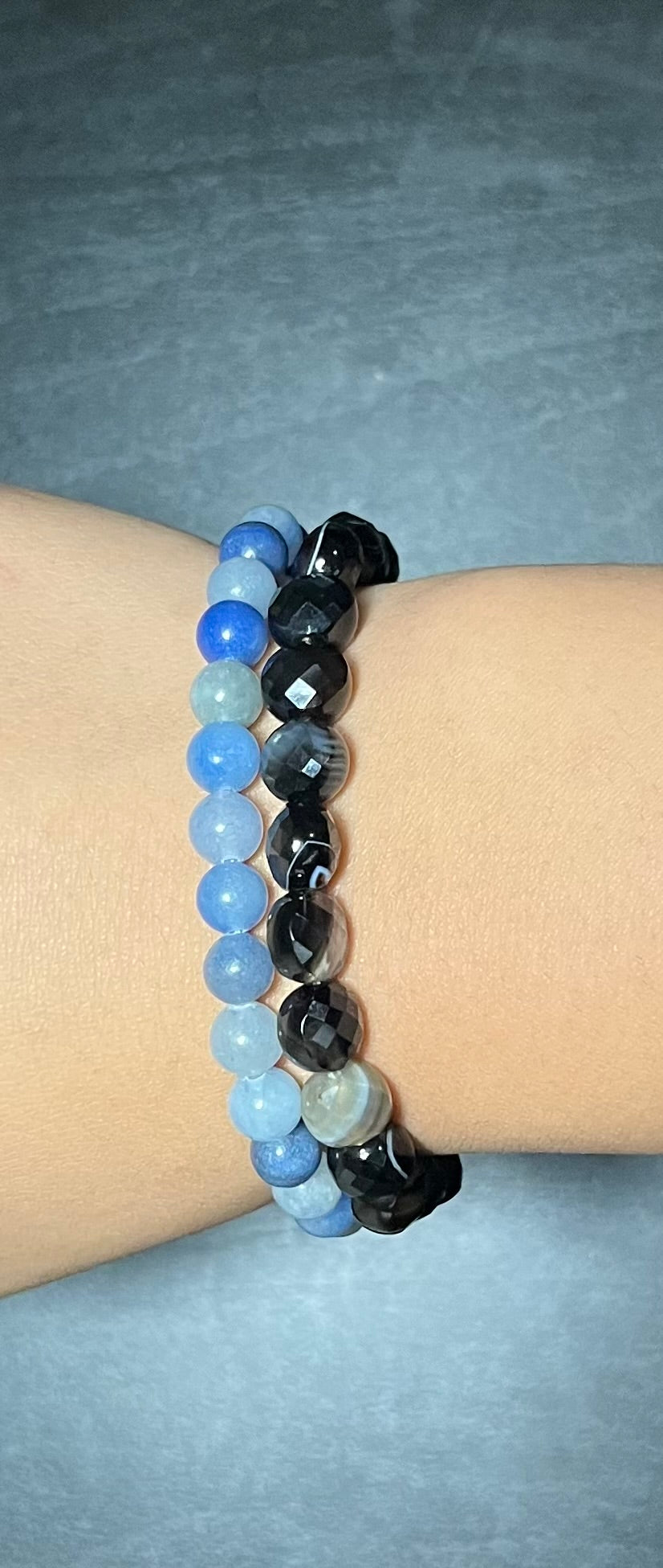 Blue aventurine, green dyed tiger’s eye, agate stone bracelet set