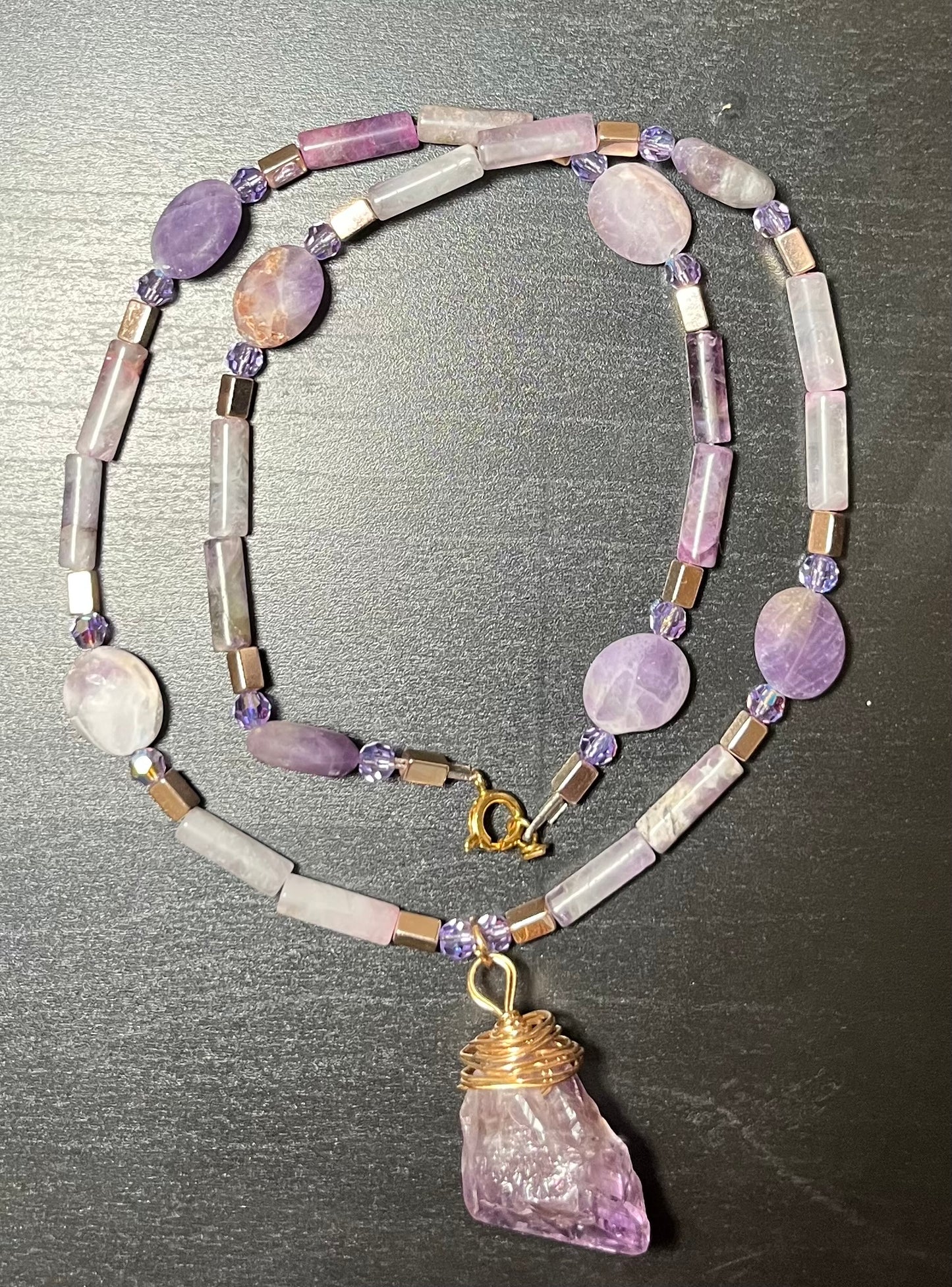Amethyst, Hematite and Czech crystal one of a kind handmade necklace!