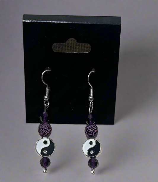 Purple Crackle Czech glass earrings with yin & yang symbol