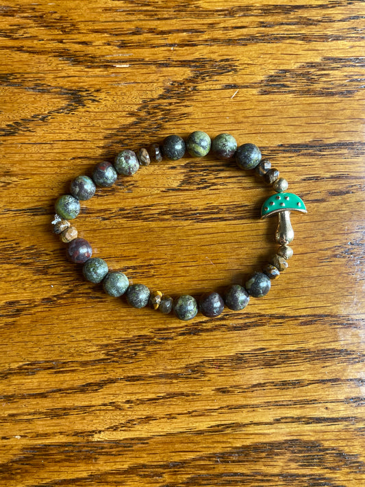 Dragon’s blood stone bracelet with green mushroom charm
