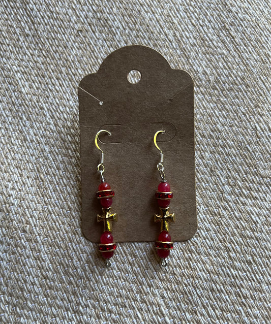 Red stone & gold cross earrings